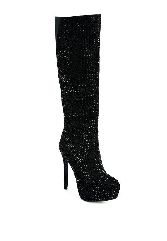 Nebula Rhinestone Embellished Stiletto Calf Boots Black