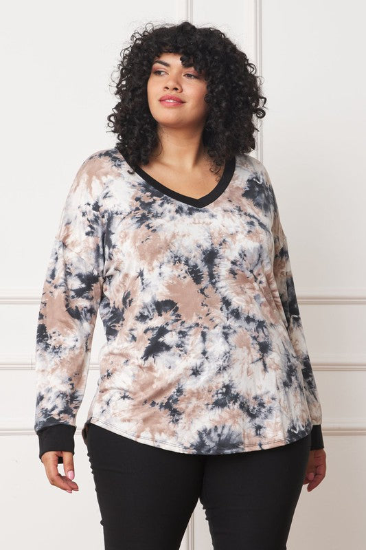 Plus V-Neck Tie Dye Top black mocha