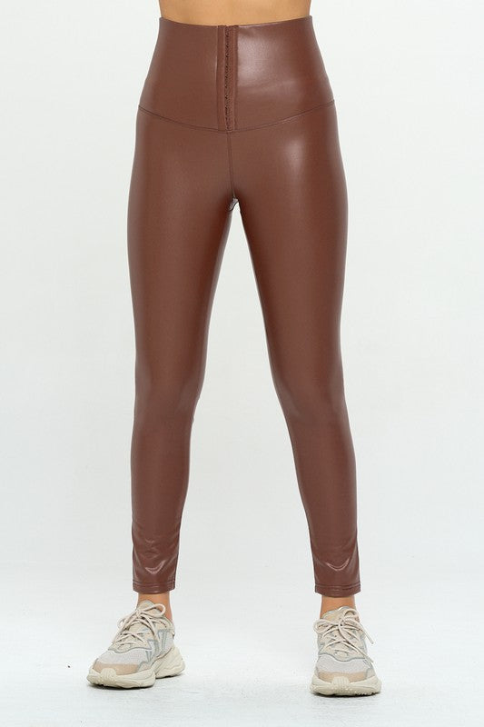 High Waist PU Leather Corset Cincher Pants Brown