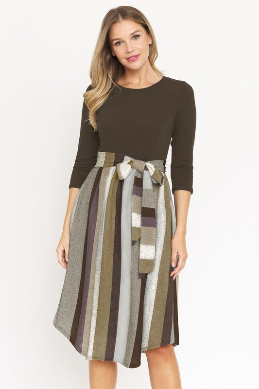 Plus Quarter Sleeve Stripe Sash Midi Dress brown mocha