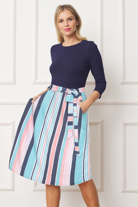 Quarter Sleeve Stripe Sash Midi Dress Navy Aqua