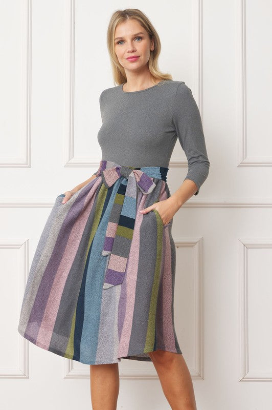 Quarter Sleeve Stripe Sash Midi Dress Charcoal Blue Green