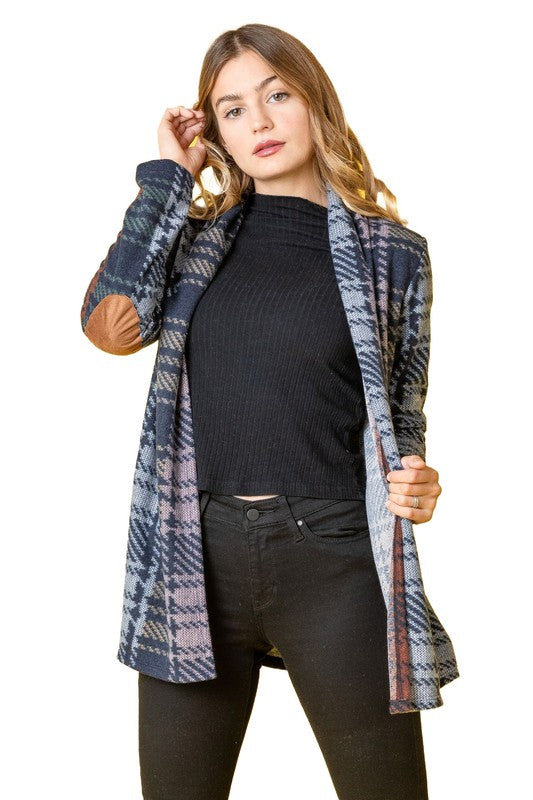Multi Color Plaid Elbow Patch Cardigan Navy Multicolor
