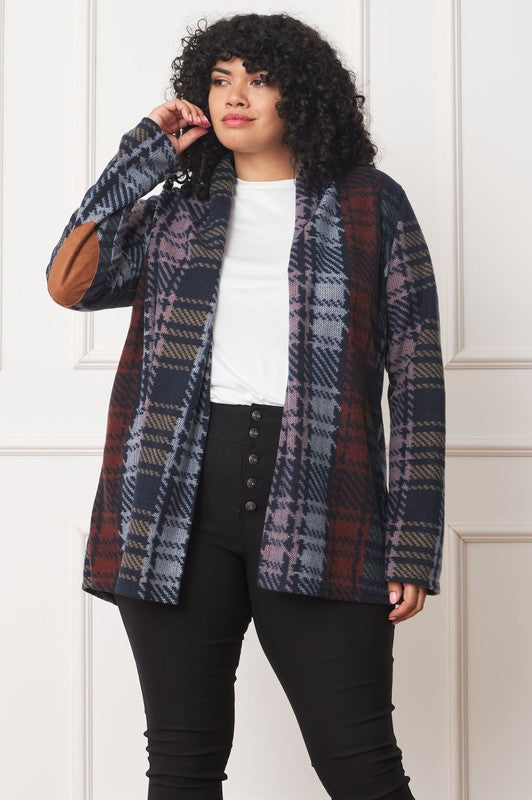 Plus Multi Color Plaid Elbow Patch Cardigan Navy Multicolor