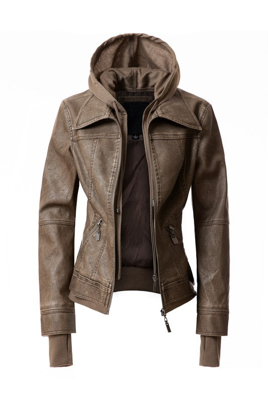 Women's Hood PU Leather Jacket Khaki