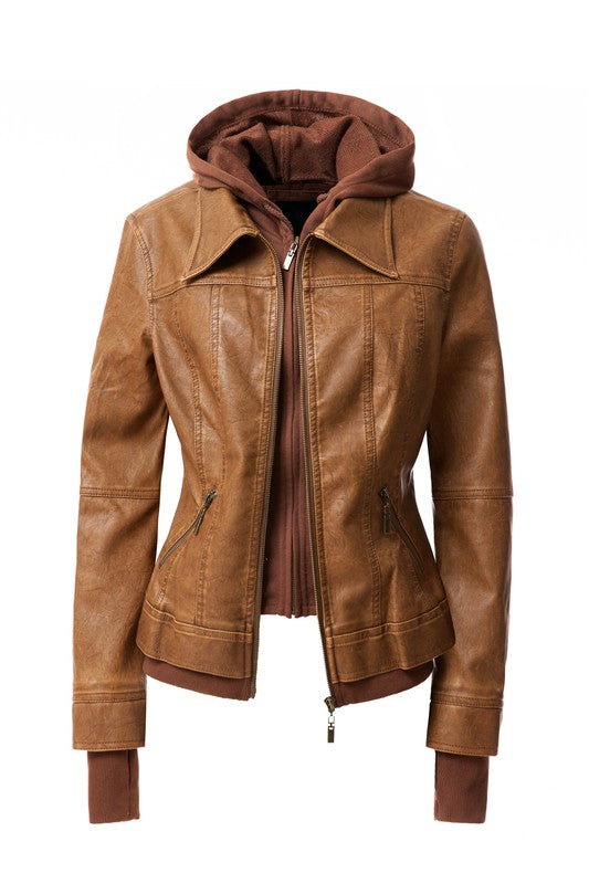 Women's Hood PU Leather Jacket CAMEL