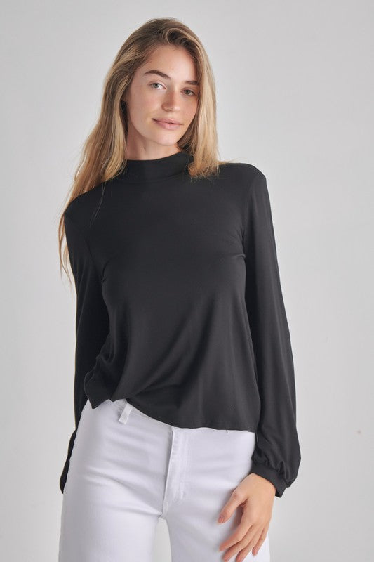 LONG SLEEVE BACK DROP MOCK NECK TOP Black