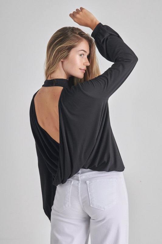 LONG SLEEVE BACK DROP MOCK NECK TOP Black