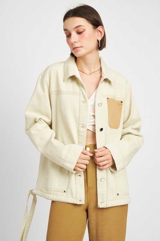 CONTRASTED DENIM JACKET WITH DRAWSTRING IVORY