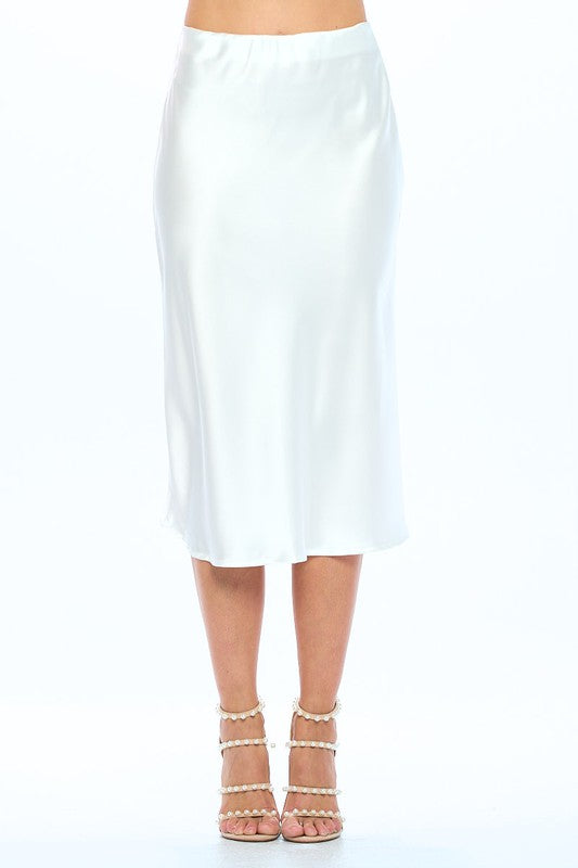 Made in USA Solid Stretch Satin Midi Skirt Ivory