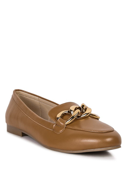 Chunky Metal Chain Faux Leather Loafers Tan