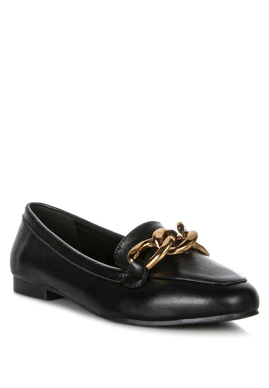 Chunky Metal Chain Faux Leather Loafers Black