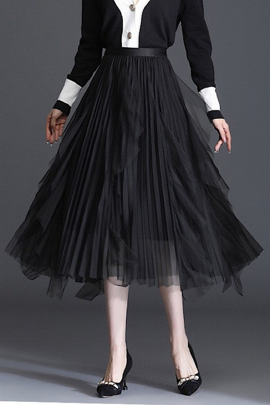 Pleated chiffon midi skirt Black