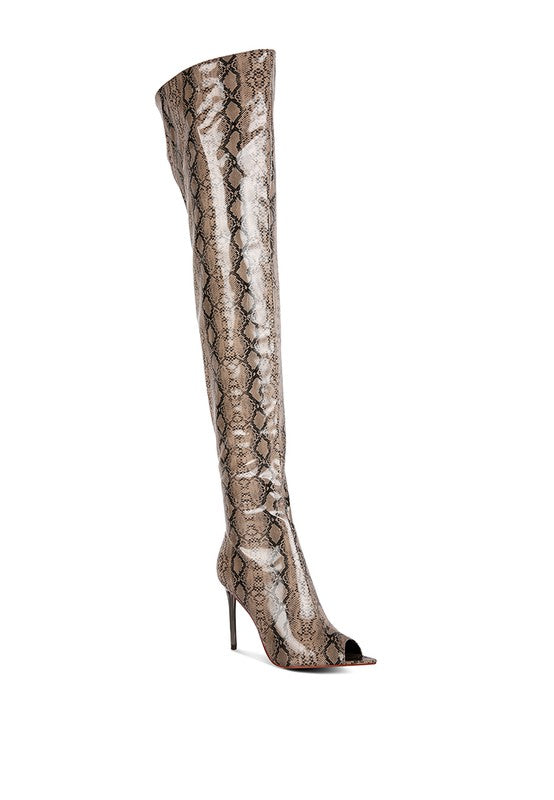High Drama Snake print Stiletto Long Boots Black