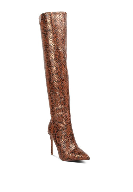 Catalina Snake Print Stiletto Knee Boots Brown
