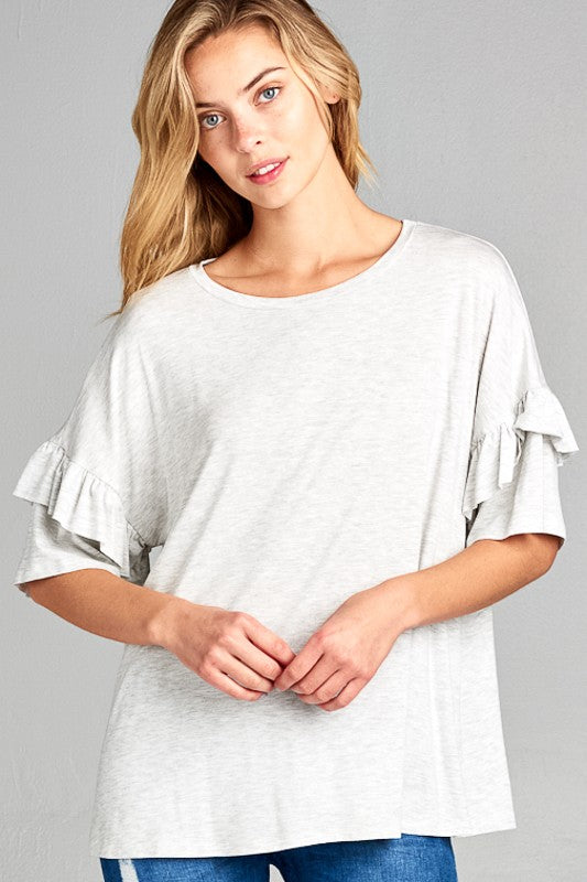 PLUS SOLID RUFFLE SLEEVE CASUAL TOP Lt. H. Grey