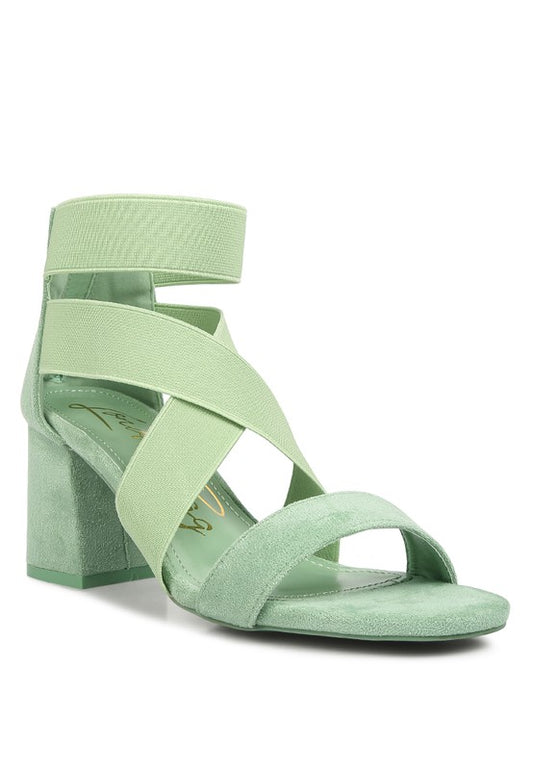 Elastic Strappy Block Heel Sandals Green