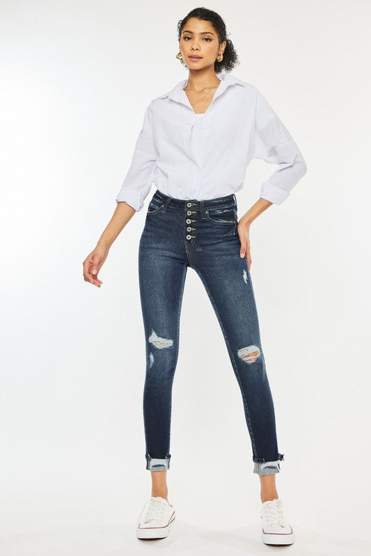 High Rise Button Down Cuffed Ankle Skinny Jeans DARK
