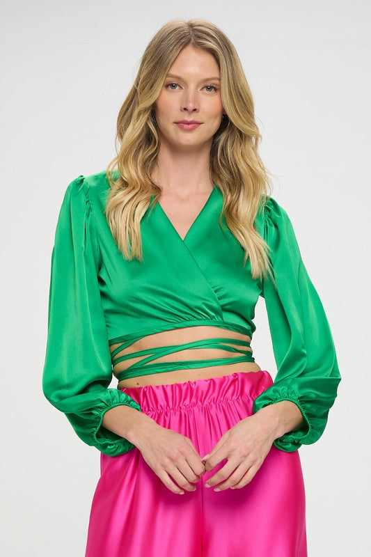 Silky Satin Wrap Crop Top with Tie GN