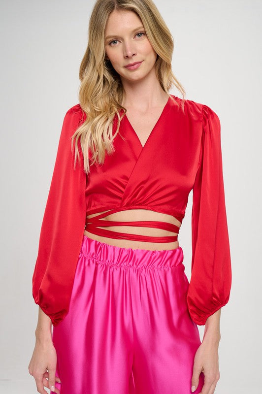 Silky Satin Wrap Crop Top with Tie RD