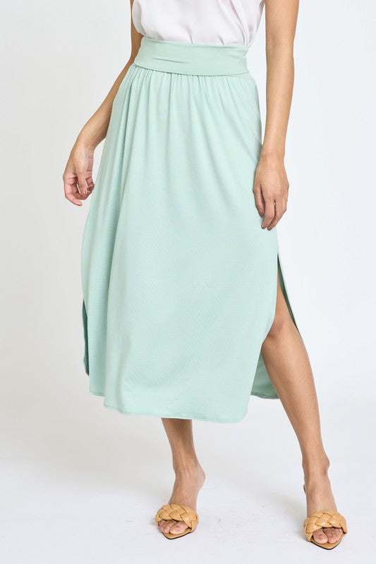 Solid Side Slit Midi Skirt Mint