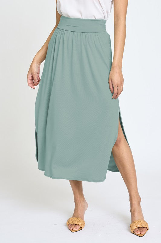Solid Side Slit Midi Skirt sage
