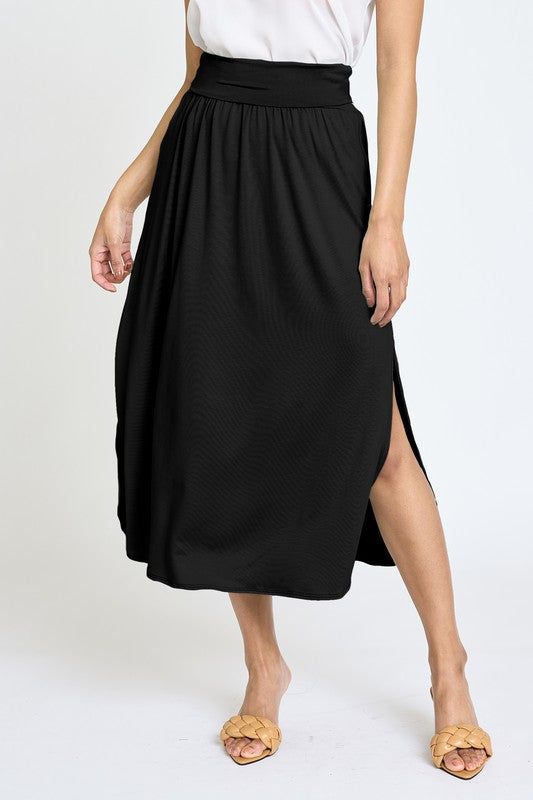 Solid Side Slit Midi Skirt Black