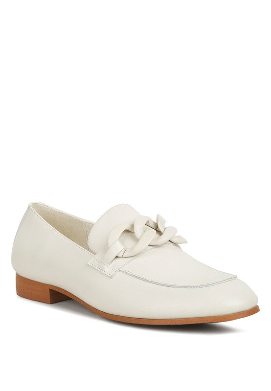 Merva Chunky Chain Leather Loafers Off White