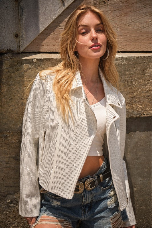 Crystal Studded Stretch Zip Up Moto Jacket White