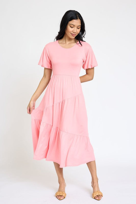Plus Solid Diagonal Tiered Flowy Dress coral pink
