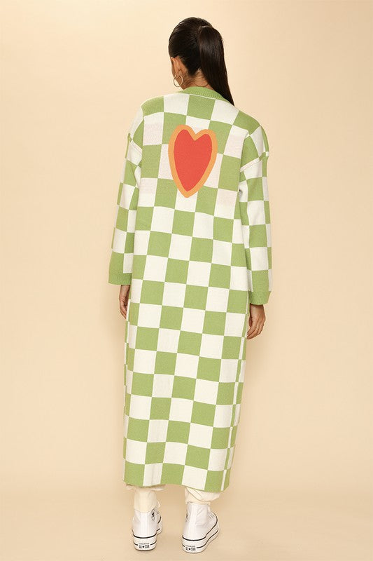 Long knit checkered cardigan GREEN MULTI