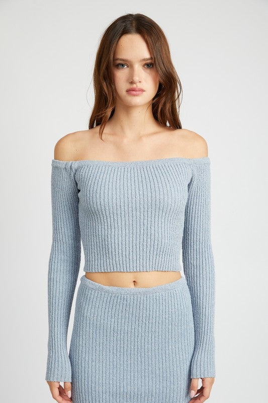 OFF SHOULDER LONG SLEEVE KNIT TOP LT BLUE