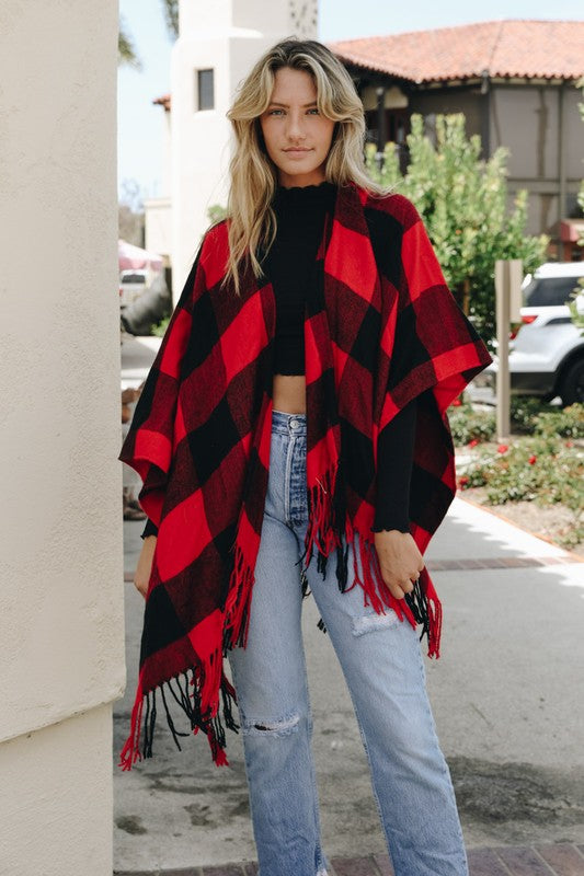 Buffalo Check Tassel Poncho Red/Black Default