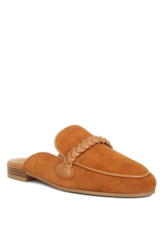 Lavinia Suede Leather Braided Detail Mules Tan