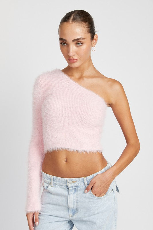 ONE SHOULDER FLUFFY SWEATER TOP PINK