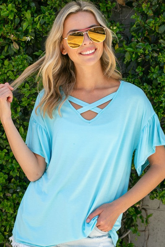 PLUS SOLID LACE UP SHORT SLEEVE TOP Lt Blue