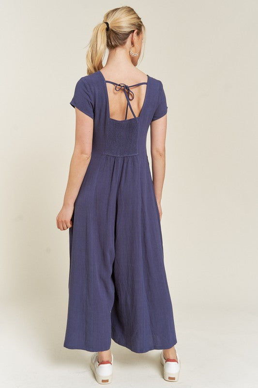 LINEN BUTTON DOWN JUMPSUIT MUSTARD