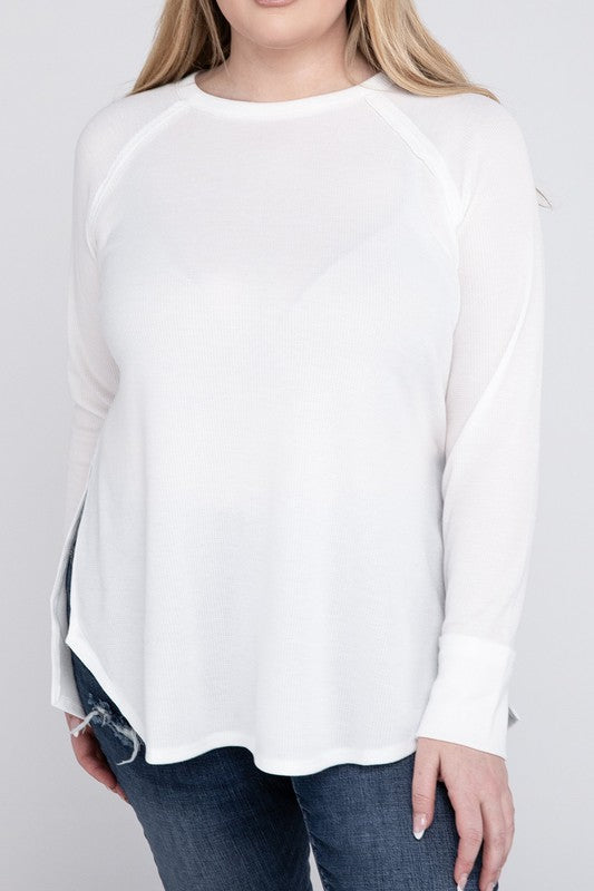 Plus Melange Baby Waffle Long Sleeve Top OFF WHITE