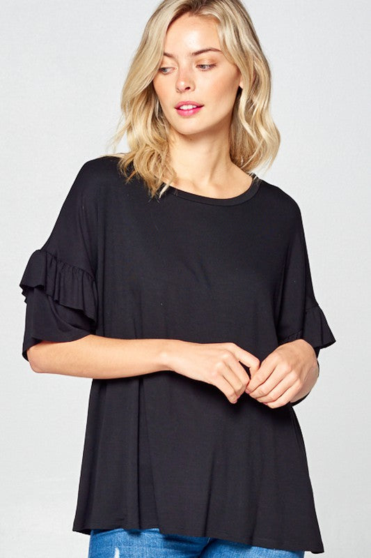 PLUS SOLID RUFFLE SLEEVE CASUAL TOP Black