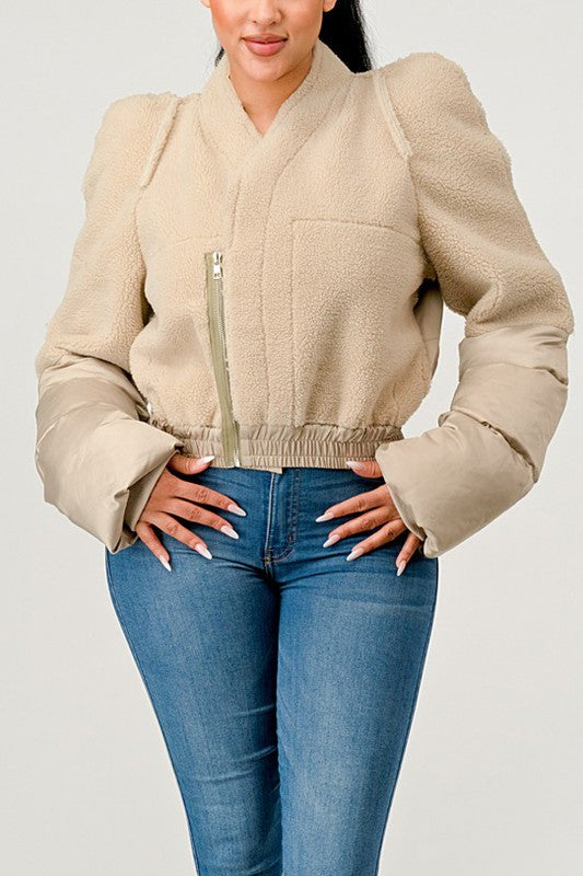 Plush Puff Sleeve Bomber Jacket CREAM