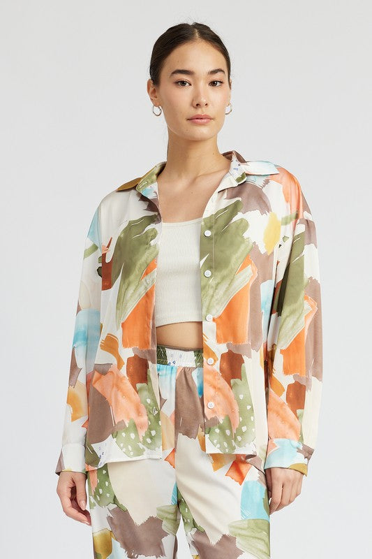 OVERSIZED BUTTON UP PRINTED SHIRT TANGERINE COMBO
