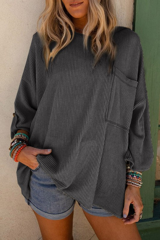 Ribbed tab sleeve oversize pocket top Black