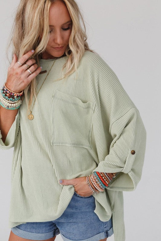 Ribbed tab sleeve oversize pocket top Sage Green