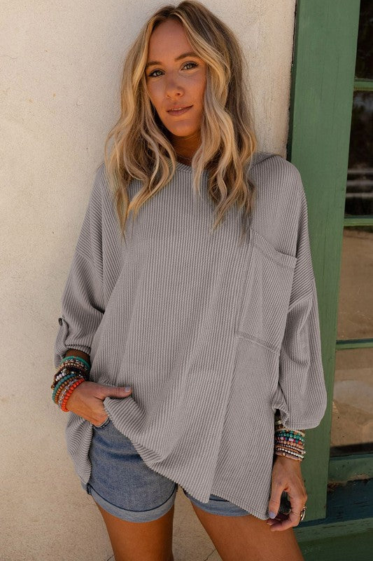 Ribbed tab sleeve oversize pocket top Grey