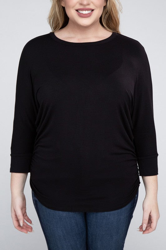 Plus Luxe Rayon Boat Neck 3/4 Sleeve Top BLACK