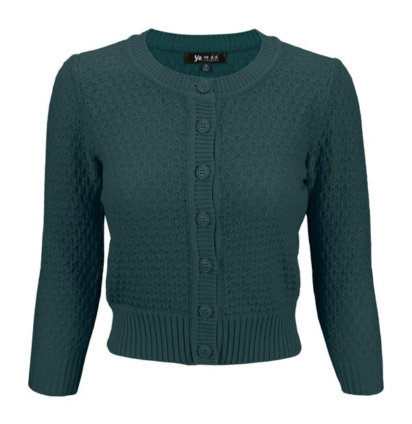 Cute Pattern Cropped Cardigan Sweater 3/4 Sleeve Peacock