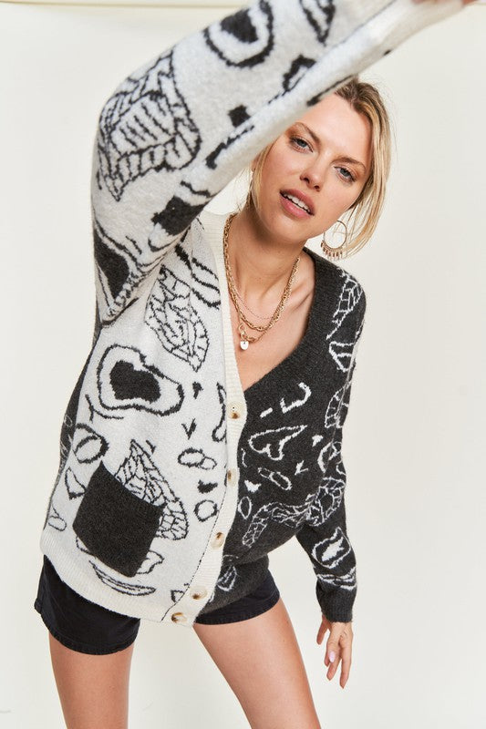 Heart paisley Color block cardigan PLUS JJK5018P CHARCOAL/IVORY 1X/2X