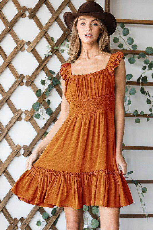 Ruched waist ruffled sleeveless dress RUST