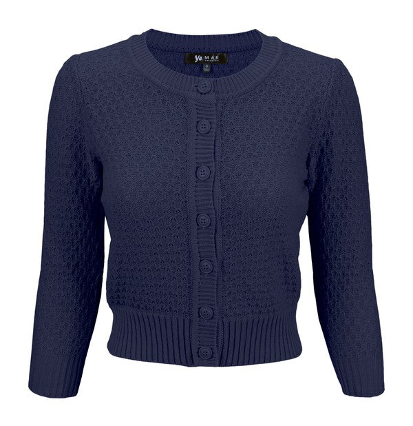 Cute Pattern Cropped Cardigan Sweater 3/4 Sleeve Navy