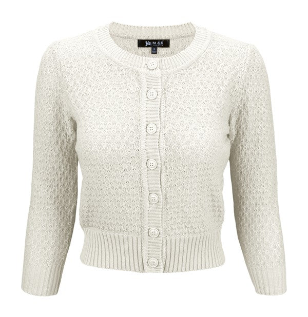 Cute Pattern Cropped Cardigan Sweater 3/4 Sleeve Ivory